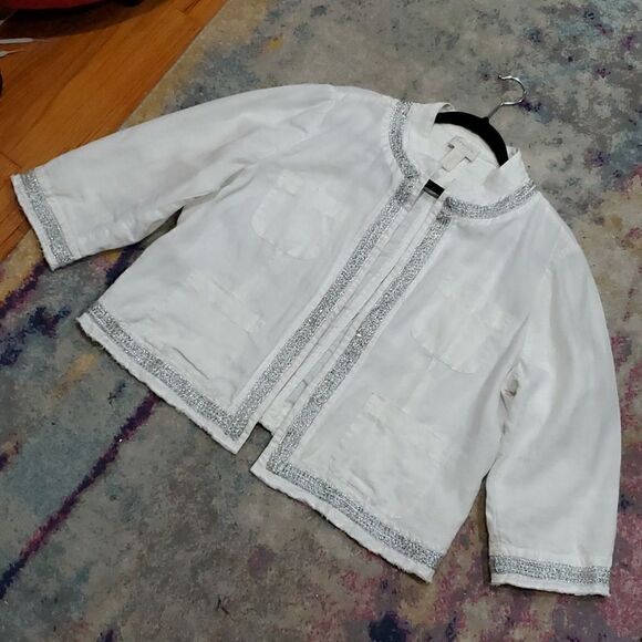Chico's 100% Linen White Jacket Wiih Silver Beading and Sequins - Picture 12 of 16